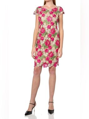 Xscape Cream Mini Dress with Pink Floral Lace